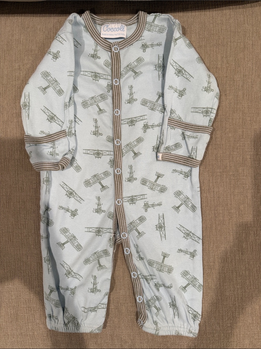 Coccoli Airplane Print One-Piece in Light Blue and Olive Trim